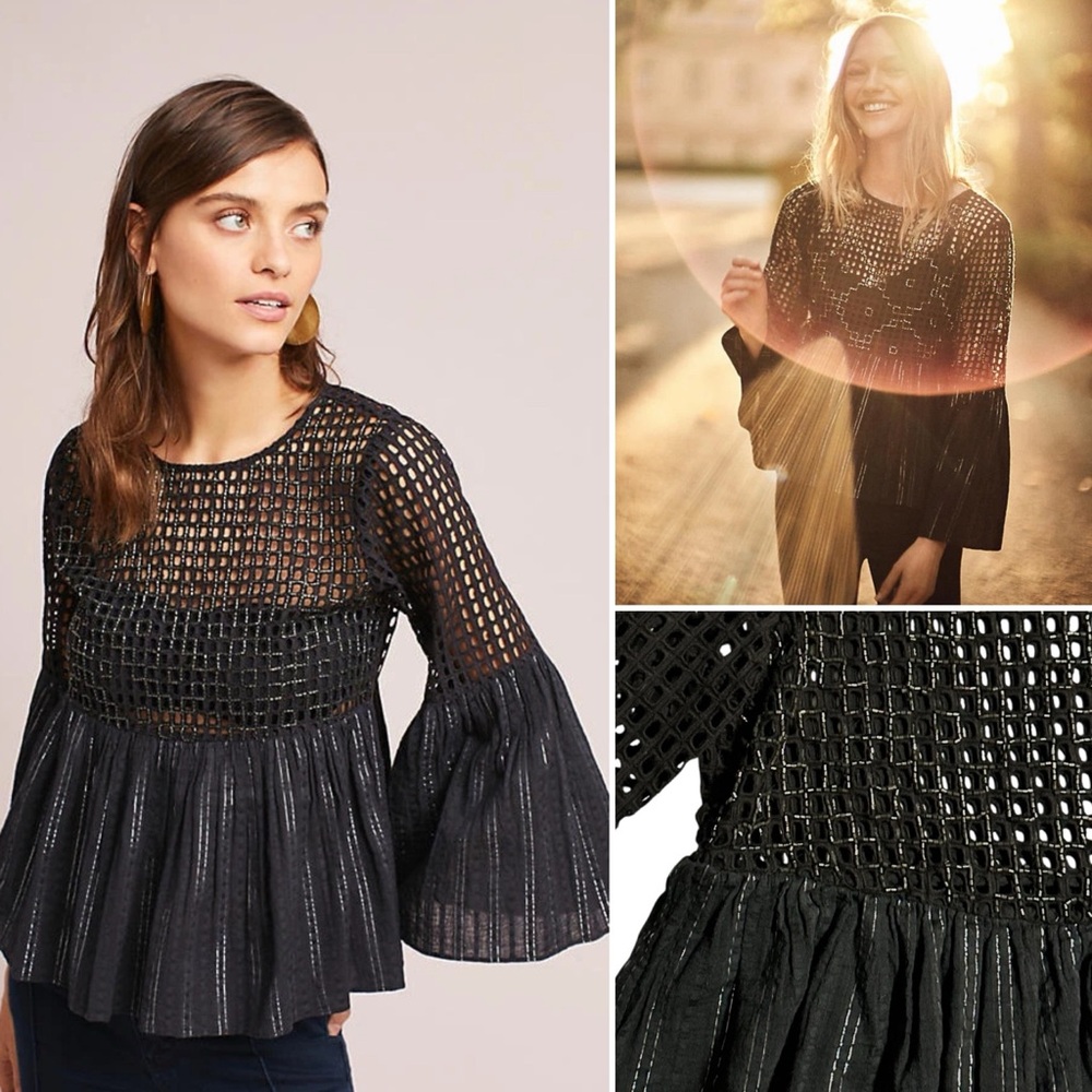 Anthropologie Maeve Alameda Black Metallic Striped Beaded Sheer Peplum Blouse XS
